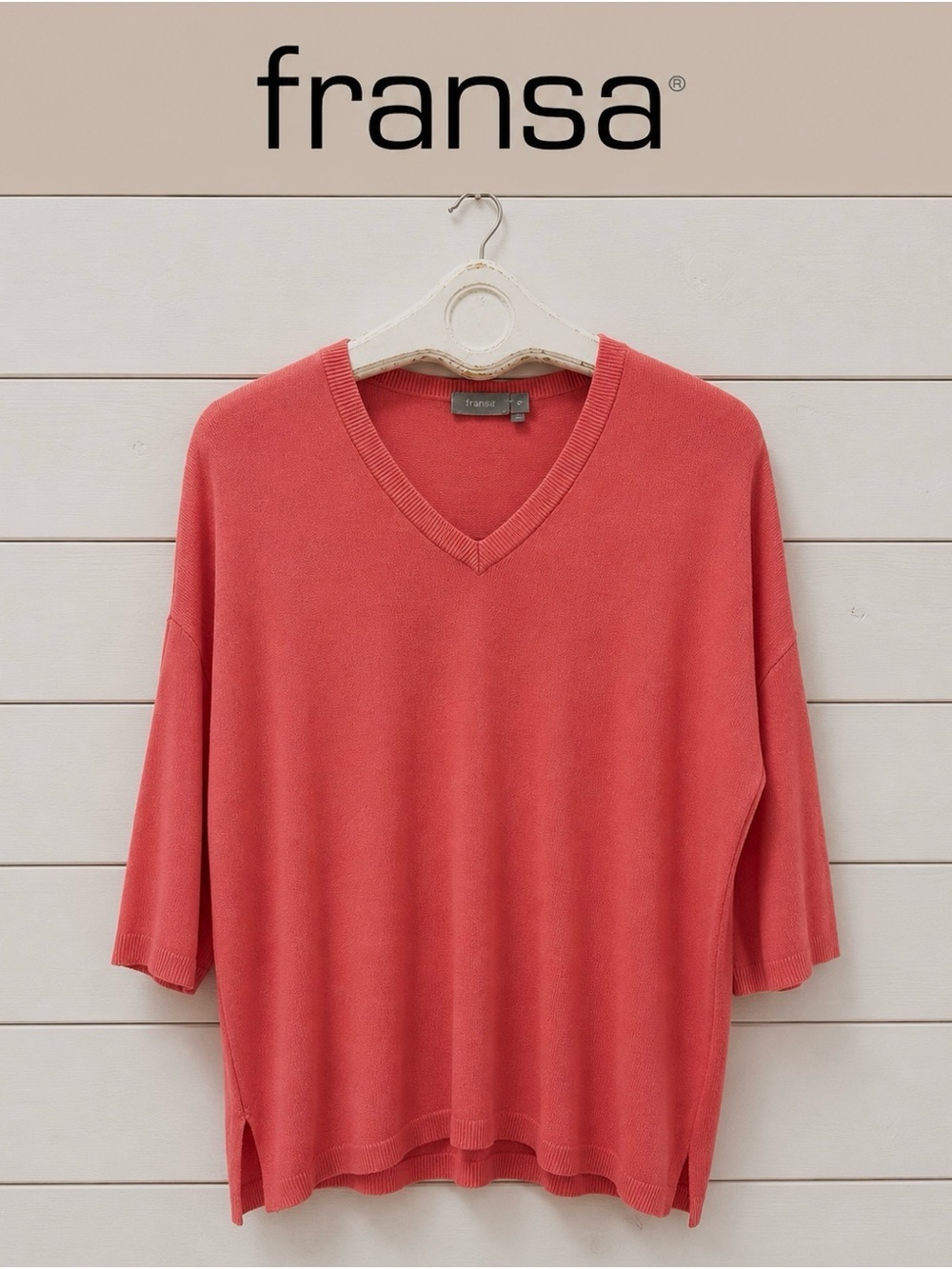 FRANSA – Coral Pink Knit V-Neck Top M